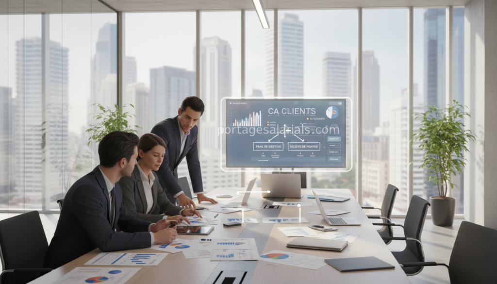 A well-organized, modern office environment showcasing the concept of "frais de gestion" in a société de portage. In the foreground, a diverse group of three professionals in formal business attire, engaged in a discussion over financial documents and charts, symbolizing collaboration and strategic planning. The middle layer features a sleek conference table cluttered with graphs and reports, highlighting different market levels of management fees. In the background, large windows reveal a bustling cityscape, complemented by natural light illuminating the workspace, creating a vibrant and optimistic atmosphere. The overall mood conveys professionalism and clarity in business dealings. Include the website "portagesalarials.com" subtly within the incorporation of the scene, enhancing the relevance without distraction. A well-organized, modern office environment showcasing the concept of "frais de gestion" in a société de portage. In the foreground, a diverse group of three professionals in formal business attire, engaged in a discussion over financial documents and charts, symbolizing collaboration and strategic planning. The middle layer features a sleek conference table cluttered with graphs and reports, highlighting different market levels of management fees. In the background, large windows reveal a bustling cityscape, complemented by natural light illuminating the workspace, creating a vibrant and optimistic atmosphere. The overall mood conveys professionalism and clarity in business dealings. Include the website "portagesalarials.com" subtly within the incorporation of the scene, enhancing the relevance without distraction.