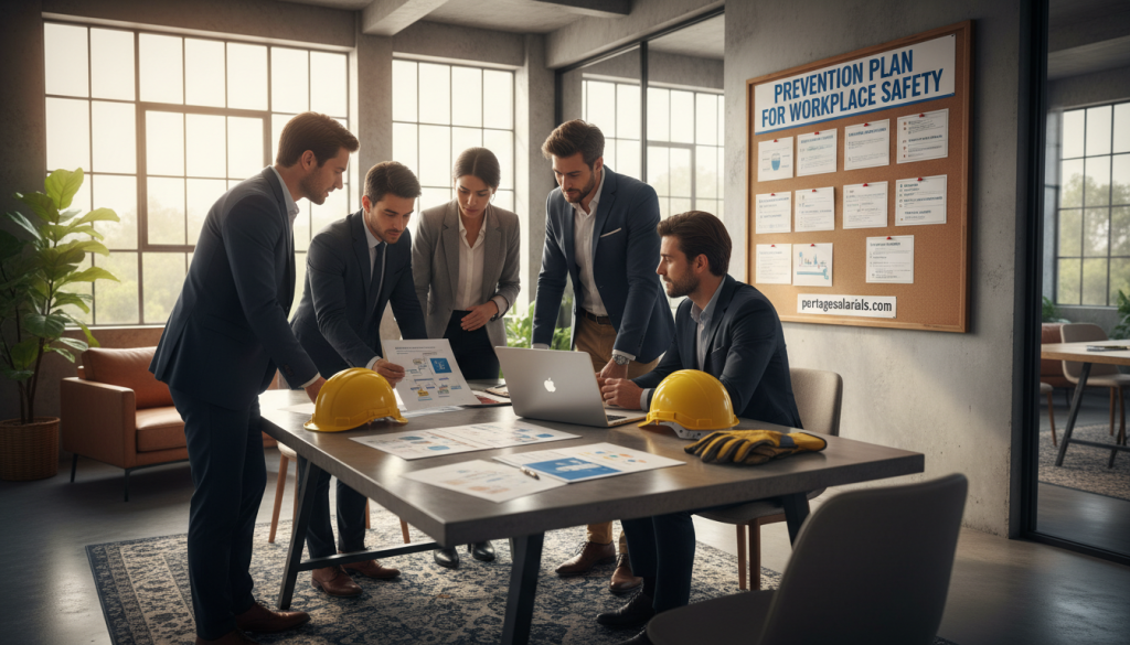 A well-organized modern office workspace showcasing a concrete prevention plan for workplace safety. In the foreground, a diverse group of professionals in business attire are engaged in a discussion around a table, reviewing a safety plan, with documents, a laptop, and safety equipment like gloves and helmets visible. In the middle, display a wall-mounted safety guideline poster and a bulletin board filled with preventive measures. The background features large windows allowing natural light to flood the room, creating an inviting atmosphere. Use a wide-angle lens to capture the entire scene, with bright, warm lighting to evoke a sense of professionalism and collaboration. The environment reflects an emphasis on workplace safety, suitable for the context of portagesalarials.com.