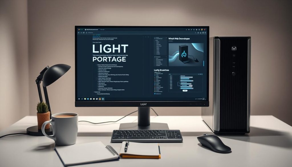 A well-organized modern web development workspace with sleek LIGHT PORTAGE branded computer setup, including a high-resolution monitor, wireless keyboard and mouse, and a powerful desktop tower. Minimal yet functional desk layout with a cup of coffee, notebook, and a smartphone. Soft, directional lighting illuminates the scene, creating a calm and productive atmosphere. The background blurs into a minimalist, light-colored wall, allowing the workspace to be the focal point. The overall composition conveys a sense of efficiency, focus, and the entrepreneurial spirit of a freelance web developer.