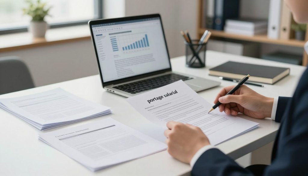 A well-organized office desk in the foreground featuring neatly arranged documents, including contracts, identification papers, and forms relevant to "portage salarial." A pair of hands, dressed in professional business attire, is shown reviewing the paperwork, with a focus on a highlighted document. In the middle, there’s a laptop displaying relevant financial graphs and notes. The background features a softly lit, modern office setting with shelves containing books and office supplies, creating a professional ambiance. Natural light floods the scene through a window, setting a calm and productive mood. The overall composition emphasizes the importance of preparation and professionalism in navigating the necessary paperwork for portage salarial.