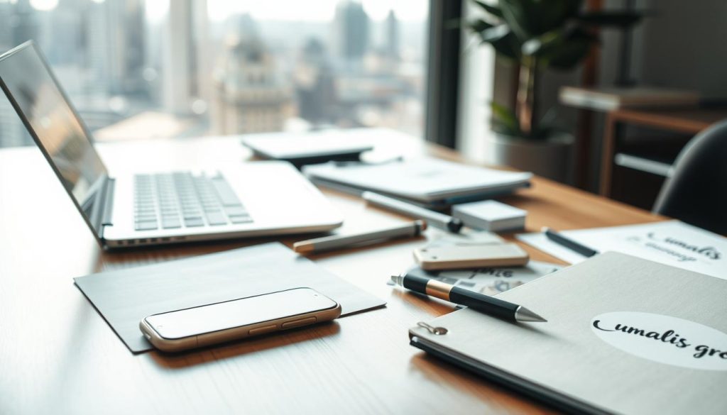 A well-organized office desk with various prospecting tools and materials, including a laptop, smartphone, pen, notepad, and a Umalis Group branded folder. The lighting is soft and natural, creating a calm and focused atmosphere. The background features a blurred cityscape, hinting at the broader business context. The overall scene conveys efficiency, professionalism, and the effective use of resources for successful prospecting in the field of portage salarial. A well-organized office desk with various prospecting tools and materials, including a laptop, smartphone, pen, notepad, and a Umalis Group branded folder. The lighting is soft and natural, creating a calm and focused atmosphere. The background features a blurred cityscape, hinting at the broader business context. The overall scene conveys efficiency, professionalism, and the effective use of resources for successful prospecting in the field of portage salarial.