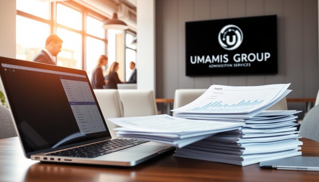 A well-organized office interior, bathed in warm, natural lighting. On the desk, a laptop displays financial reports, alongside a stack of neatly arranged documents. The UMALIS GROUP logo prominently displayed on the wall, signifying the administrative services they provide. In the background, a team of professionals collaborates, streamlining the administrative tasks of salaried employees. The scene conveys a sense of efficiency, organization, and the facilitation of the administrative burden associated with the "portage salarial" concept.