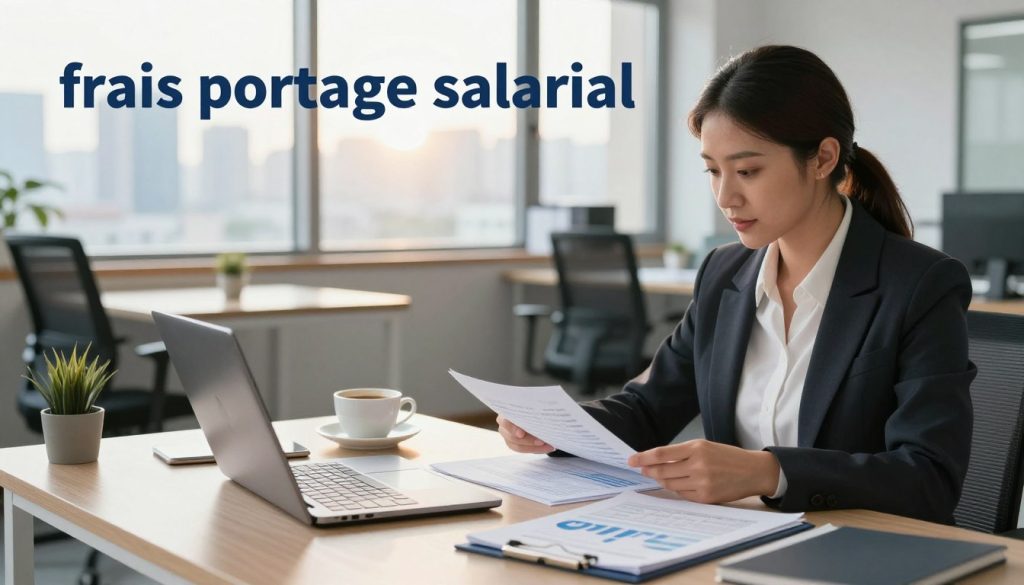 A well-organized office scene capturing the essence of "frais portage salarial". In the foreground, a professional woman in business attire is reviewing documents and calculating figures on a laptop, showcasing diligence and focus. In the middle ground, a soft-focus image of a modern workspace with a stylish desk, filled with financial reports and a cup of coffee, conveying a productive atmosphere. The background features a large window with city skyline views, allowing natural light to flood the room, creating an uplifting and motivating mood. The warm tones from the sunlight mixed with cool office decor evoke a sense of professionalism and comfort, perfect for illustrating optimization of net income through portage.