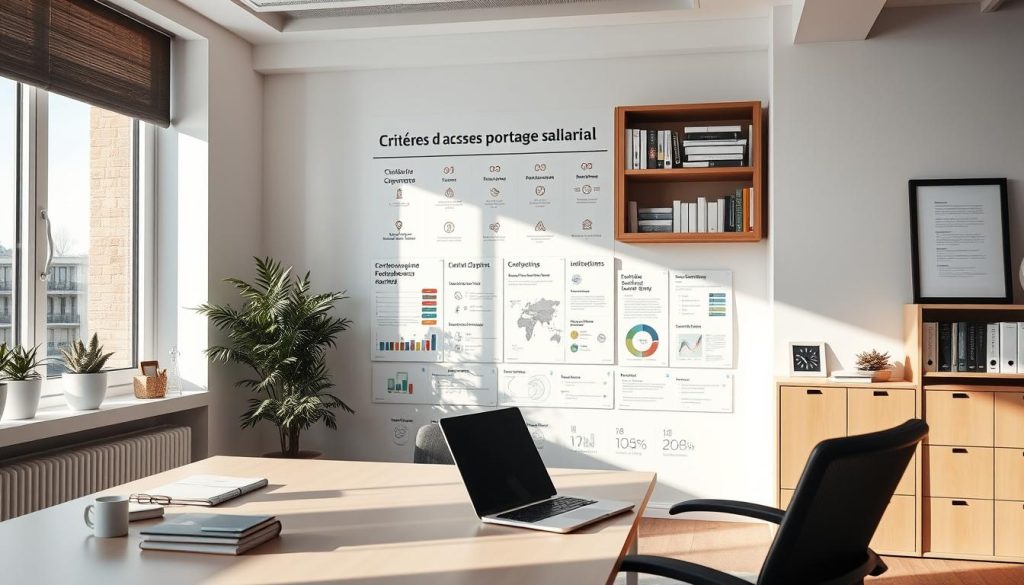 A well-organized office setting, illuminated by natural light streaming through large windows. The foreground features a clean, minimalist desk with a laptop, a few carefully placed office supplies, and a potted plant, conveying a sense of professionalism and attention to detail. The middle ground showcases a series of informative infographics and charts outlining the "Critères d'accès portage salarial" (Criteria for Accessing Freelance Employment) on the wall, presented in a clear, visually appealing manner. In the background, a bookshelf filled with relevant business and legal resources, and a framed "Umalis Group" logo, reinforcing the company's expertise and authority in the field of freelance employment. A well-organized office setting, illuminated by natural light streaming through large windows. The foreground features a clean, minimalist desk with a laptop, a few carefully placed office supplies, and a potted plant, conveying a sense of professionalism and attention to detail. The middle ground showcases a series of informative infographics and charts outlining the "Critères d'accès portage salarial" (Criteria for Accessing Freelance Employment) on the wall, presented in a clear, visually appealing manner. In the background, a bookshelf filled with relevant business and legal resources, and a framed "Umalis Group" logo, reinforcing the company's expertise and authority in the field of freelance employment.
