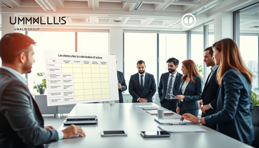 A well-organized office setting showcasing the key steps for declaring professional activity in France. In the foreground, a diverse group of individuals in professional business attire, including men and women, are engaged in a collaborative discussion, looking at a large chart detailing the steps of the declaration process. In the middle ground, a sleek, modern desk with documents, laptops, and a smartphone displays a checklist titled "Les étapes clés de la déclaration d'activité.” In the background, a bright and airy office space features large windows allowing natural light to illuminate the scene, creating a positive and productive atmosphere. The overall mood is professional, focused, and encouraging, symbolizing guidance for independent professionals, with the logo "UMALIS GROUP" subtly included in the decor. A well-organized office setting showcasing the key steps for declaring professional activity in France. In the foreground, a diverse group of individuals in professional business attire, including men and women, are engaged in a collaborative discussion, looking at a large chart detailing the steps of the declaration process. In the middle ground, a sleek, modern desk with documents, laptops, and a smartphone displays a checklist titled "Les étapes clés de la déclaration d'activité.” In the background, a bright and airy office space features large windows allowing natural light to illuminate the scene, creating a positive and productive atmosphere. The overall mood is professional, focused, and encouraging, symbolizing guidance for independent professionals, with the logo "UMALIS GROUP" subtly included in the decor.
