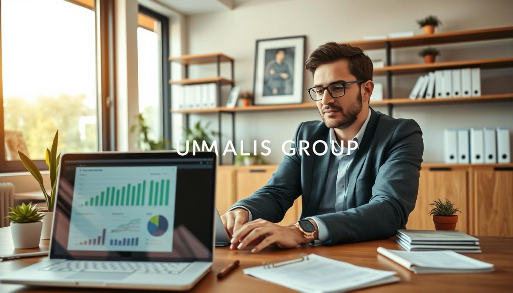 A well-organized office space featuring a modern desk with a laptop displaying financial spreadsheets, notepads, and business documents. In the foreground, a focused professional wearing smart casual attire, analyzing data on the screen with a thoughtful expression. The middle ground showcases shelves neatly arranged with books about administration and finance, alongside a small potted plant for a touch of greenery. In the background, large windows allow warm, natural light to flood the room, creating an inviting atmosphere. The brand name "UMALIS GROUP" subtly integrated into the office décor, perhaps on a framed print on the wall. The mood is one of productivity and professionalism, emphasizing efficiency in administrative management for independent workers.