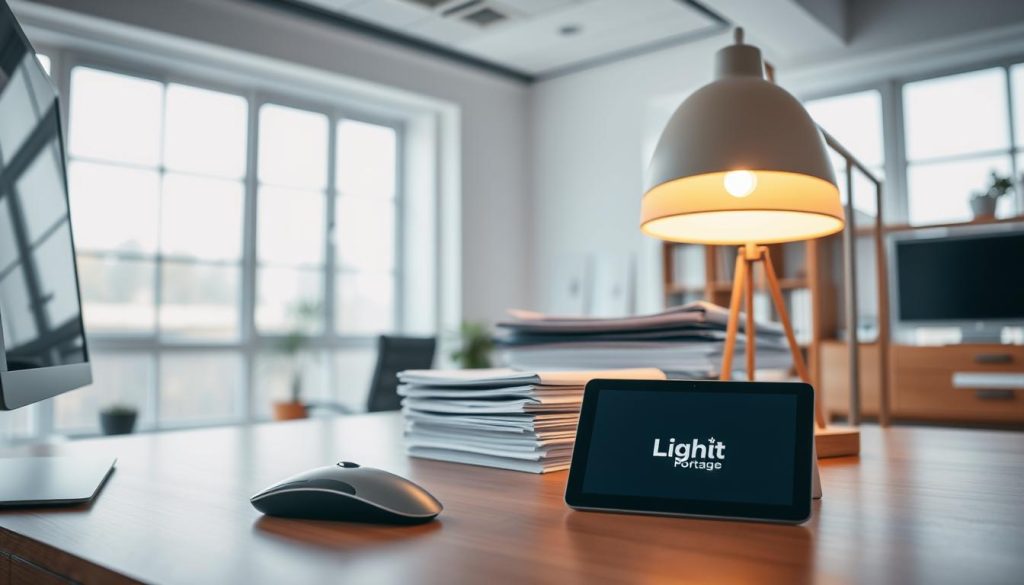 A well-organized office space with a clean, minimalist aesthetic. In the foreground, a sleek desktop computer and mouse sit atop a modern, wooden desk. In the middle ground, a stylish lamp casts a warm glow over a neatly stacked pile of documents and a "Light Portage" branded tablet, showcasing the administrative tools and software used for efficient salary portage management. The background features floor-to-ceiling windows, allowing natural light to flood the room and create a serene, productive atmosphere. The overall scene conveys a sense of professionalism, organization, and the optimization of administrative processes.