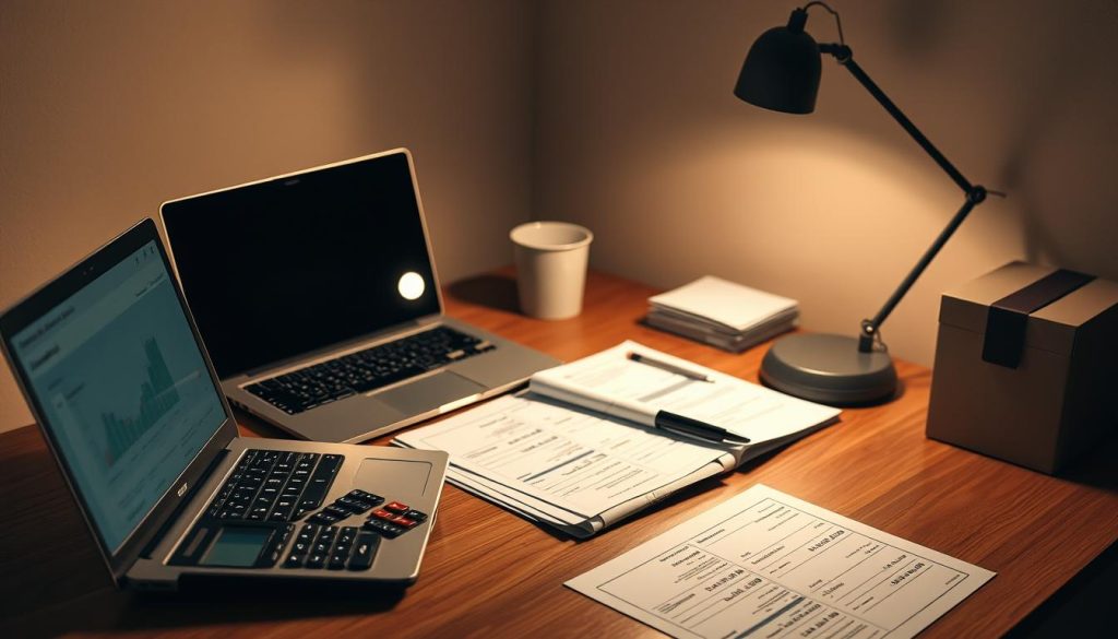 A well-organized office space with a laptop, calculator, and various financial documents neatly arranged on a wooden desk. Warm lighting from a desk lamp casts a focused glow, highlighting the optimization of professional expenses for a UMALIS GROUP employee in a portage salarial arrangement. The background subtly suggests a cozy, productive work environment, with muted tones and clean lines emphasizing the importance of efficiency and organization in managing one's financial affairs.