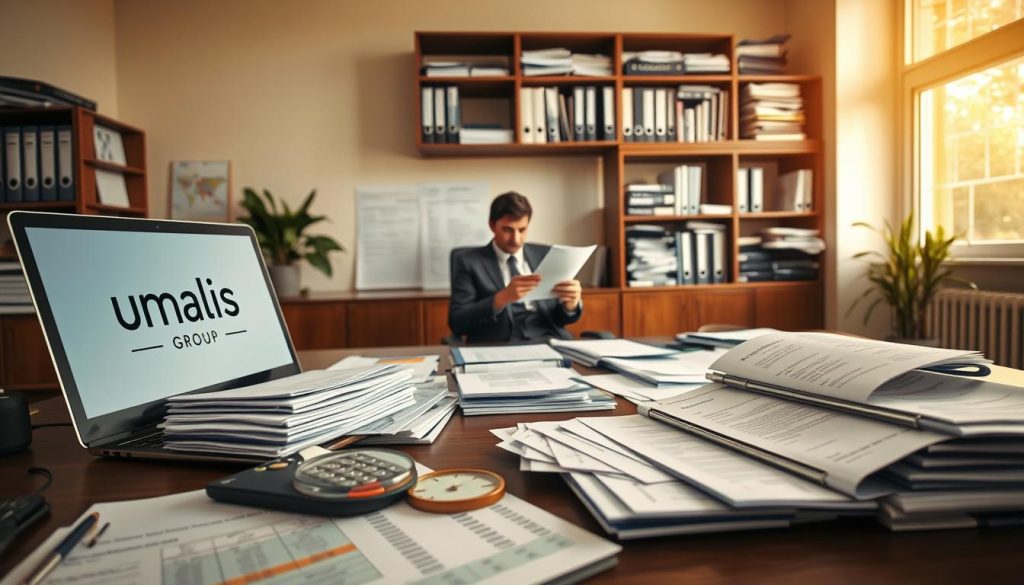 A well-organized office space with a large desk showcasing various financial documents, calculators, and a laptop displaying "Umalis Group" branding. The foreground features stacks of invoices, receipts, and a magnifying glass, highlighting the careful management of financial records. The middle ground shows a professional-looking person in a suit reviewing documents, symbolizing the attentive oversight of salarial portage. In the background, a wall-mounted bookshelf filled with organized binders and folders suggests a comprehensive system for managing the complexities of salarial portage. Warm, natural lighting from a nearby window sets a tranquil, focused atmosphere.