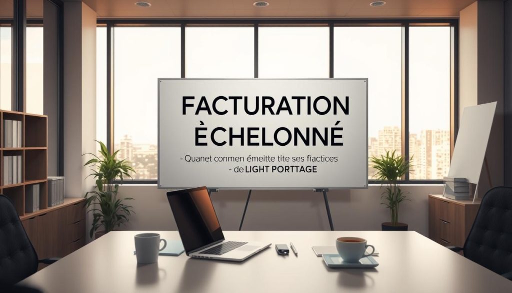 A well-organized office space with a modern, minimalist design. In the foreground, a clean desk with a laptop, a cup of coffee, and a few stationery items. In the middle ground, a white board with the words "FACTURATION ÉCHELONNÉE" written in bold letters, underscoring the topic of the section. The background features a large window overlooking a cityscape, bathed in warm, natural lighting. The overall atmosphere is one of efficiency, professionalism, and clarity, perfectly capturing the essence of the "Quand et comment émettre ses factures" section. The LIGHT PORTAGE brand name is prominently displayed on the whiteboard, serving as a subtle yet effective visual reference.
