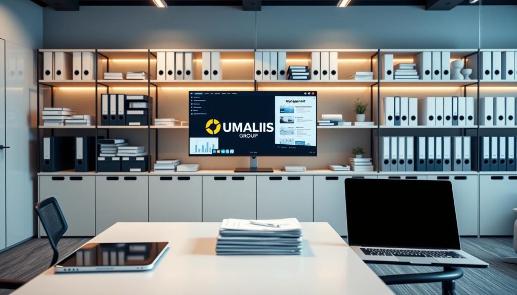 A well-organized office space with a sleek, modern design. In the foreground, a minimalist desk with a laptop, a tablet, and a stack of documents, all arranged with precision. On the middle ground, a large monitor displays various management software interfaces, including the UMALIS GROUP brand logo. The background features shelves filled with neatly arranged binders, folders, and office supplies, illuminated by soft, indirect lighting that creates a calm and productive atmosphere.