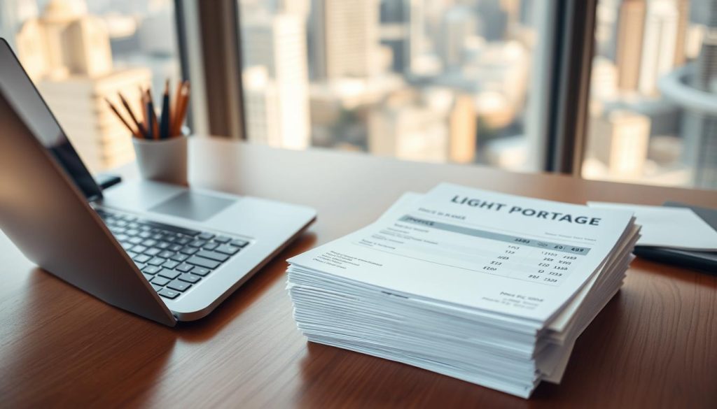 A well-organized office with a wooden desk, a laptop, and a stack of neatly arranged invoices. The soft lighting creates a warm, professional atmosphere. The invoices have the LIGHT PORTAGE brand name clearly visible, with a consistent numbering system that emphasizes the importance of proper invoice management. The background features a blurred cityscape, suggesting a successful freelance business. The composition conveys a sense of order, efficiency, and attention to detail in the invoicing process.