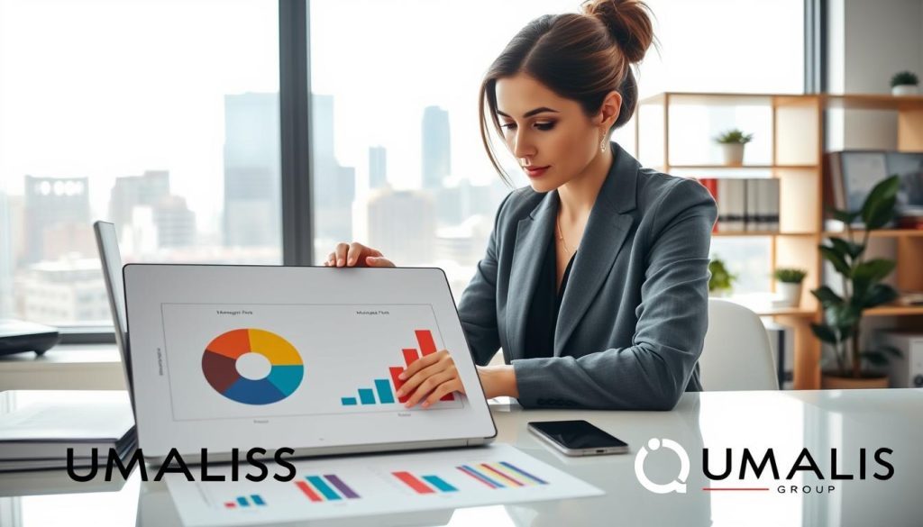 A well-organized office workspace featuring a professional woman in business attire analyzing charts on a laptop. In the foreground, a clear desktop displays a pie chart representing management fees in the field of portage salarial, along with colorful graphs illustrating cost comparisons. The middle ground includes a large window revealing a city skyline, allowing natural light to flood the space, creating a bright and inviting atmosphere. In the background, shelves filled with books on finance and business, along with a stylish green plant, add warmth. The camera angle is slightly above eye level, providing a clear view of the charts and the focused expression on the woman’s face. The overall mood is productive and professional, emphasizing the importance of understanding management fees in the context of portage salarial, with branding for "UMALIS GROUP" subtly included in the scene.