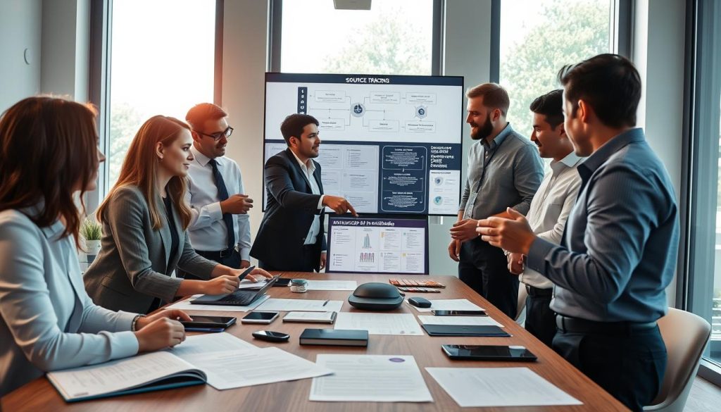 A well-organized workspace featuring a diverse group of professional individuals, dressed in business attire, engaged in a collaborative discussion about source tracing for AI-assisted deliverables. In the foreground, a large table with open documents, digital devices, and charts illustrating the concept of traceability. The middle ground showcases team members pointing at a screen displaying data flow diagrams and source references. The background features a large window allowing natural light to flood in, creating an inviting atmosphere. The overall mood is focused and collaborative, with a sense of urgency reflected in the team's expressions. Include elements that suggest technology and data analysis, highlighting the brand name "UMALIS GROUP" subtly on one of the documents. A well-organized workspace featuring a diverse group of professional individuals, dressed in business attire, engaged in a collaborative discussion about source tracing for AI-assisted deliverables. In the foreground, a large table with open documents, digital devices, and charts illustrating the concept of traceability. The middle ground showcases team members pointing at a screen displaying data flow diagrams and source references. The background features a large window allowing natural light to flood in, creating an inviting atmosphere. The overall mood is focused and collaborative, with a sense of urgency reflected in the team's expressions. Include elements that suggest technology and data analysis, highlighting the brand name "UMALIS GROUP" subtly on one of the documents.