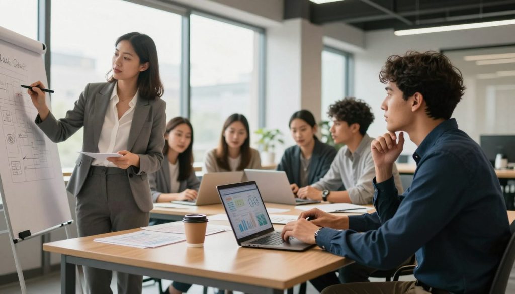 A well-organized workspace featuring a diverse team of professionals engaged in a strategic discussion about project goals. In the foreground, a confident woman in a tailored business suit is writing on a flip chart, while a thoughtful man in smart casual attire analyzes data on a laptop. In the middle, a large table is scattered with documents, laptops, and a coffee cup, emphasizing collaboration and planning. The background shows a modern office environment with large windows allowing natural light to flood the space, creating an upbeat and focused atmosphere. The shot is taken with a slightly low angle to emphasize the teamwork and ambition of the group, with soft, warm lighting enhancing the scene's professionalism and positivity.