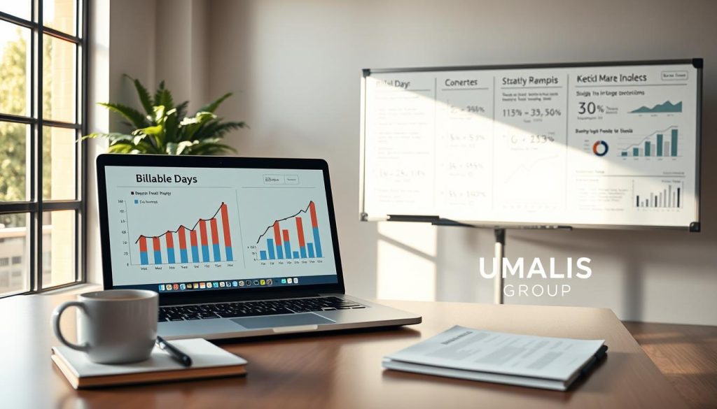 A well-organized workspace featuring a modern desk with a laptop displaying graphs illustrating billable days and monthly revenue. In the foreground, a notebook and a coffee cup sit beside the laptop, suggesting a professional atmosphere. The middle-ground features a large whiteboard filled with annotations, charts, and calculations related to billable days and income analysis, symbolizing strategic planning in business. The background shows a large window allowing natural light to flood the room, creating a bright and motivating environment. Use soft, warm lighting to enhance the focus on the workspace. The overall mood is focused, analytical, and professional, embodying the essence of financial assessment in a business context. Include elements representing the brand “UMALIS GROUP,” like a logo subtly displayed on a digital device.