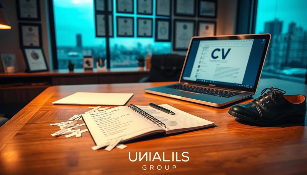 A well-organized workspace featuring a polished wooden desk with a laptop open to a digital CV. In the foreground, a notebook with neatly written skills and keywords scattered around, symbolizing “Optimisation CV compétences”. A pair of professional business shoes and a briefcase are next to the desk, suggesting readiness for a job application. The middle ground showcases a wall with framed certificates and professional achievements that highlight success. In the background, soft diffused lighting creates a warm and inviting atmosphere, complemented by a large window showing a cityscape, symbolizing opportunity. The overall mood is focused and determined, with an emphasis on professionalism. Include the brand name “UMALIS GROUP” subtly integrated into the scene without any text overlay. A well-organized workspace featuring a polished wooden desk with a laptop open to a digital CV. In the foreground, a notebook with neatly written skills and keywords scattered around, symbolizing “Optimisation CV compétences”. A pair of professional business shoes and a briefcase are next to the desk, suggesting readiness for a job application. The middle ground showcases a wall with framed certificates and professional achievements that highlight success. In the background, soft diffused lighting creates a warm and inviting atmosphere, complemented by a large window showing a cityscape, symbolizing opportunity. The overall mood is focused and determined, with an emphasis on professionalism. Include the brand name “UMALIS GROUP” subtly integrated into the scene without any text overlay.