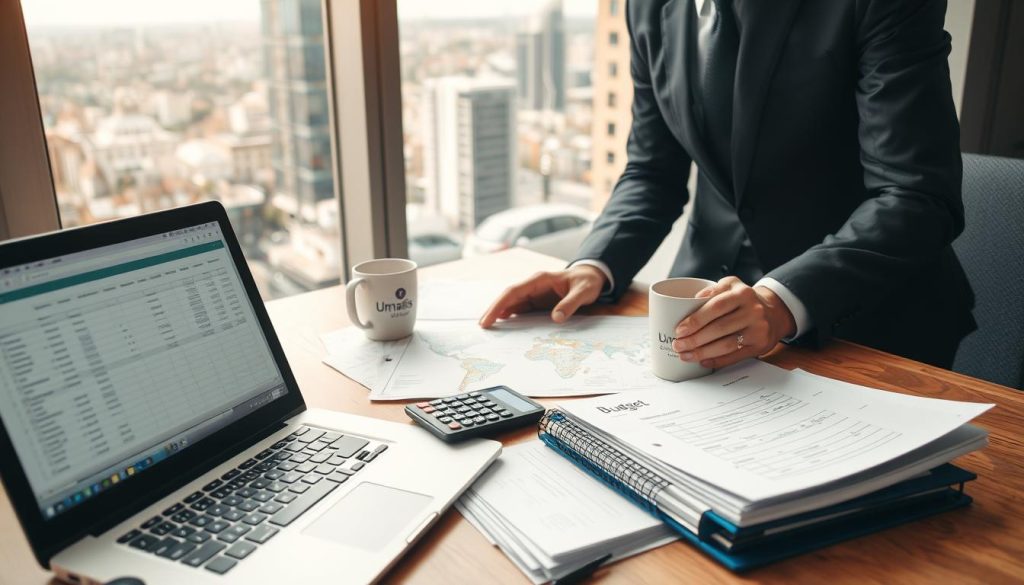 A well-organized workspace featuring a professional businessperson in smart attire, meticulously planning travel expenses for a portage assignment in Europe. The foreground displays a laptop with spreadsheet software open, alongside a stack of documents labeled “EUR Budget” and a calculator. The middle area includes a world map noting travel locations with highlights, and a coffee cup with the branding of "Umalis Group". In the background, a large window reveals a bustling cityscape, symbolizing international business. Soft, natural lighting filters through the window, creating a focused and productive atmosphere. The angle of the composition showcases both the person and the workspace, conveying a sense of diligence and financial planning, emphasizing clarity and organization in managing travel expenses.