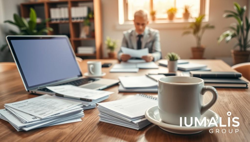 A well-organized workspace featuring a wooden desk with an open laptop, a neatly arranged notepad, and a cup of coffee. In the foreground, include a stack of receipts and invoices, symbolizing deductible professional expenses. The middle ground can highlight a person in professional attire, focused as they review documents, depicting the independent worker utilizing portage salarial. The background should display a soft-focus office environment with potted plants and shelves lined with books and files, conveying a sense of productivity. Use warm lighting to create a welcoming atmosphere, with natural light filtering in through a window. Ensure the branding "UMALIS GROUP" is subtly integrated into the workspace décor, like a logo on a business card.