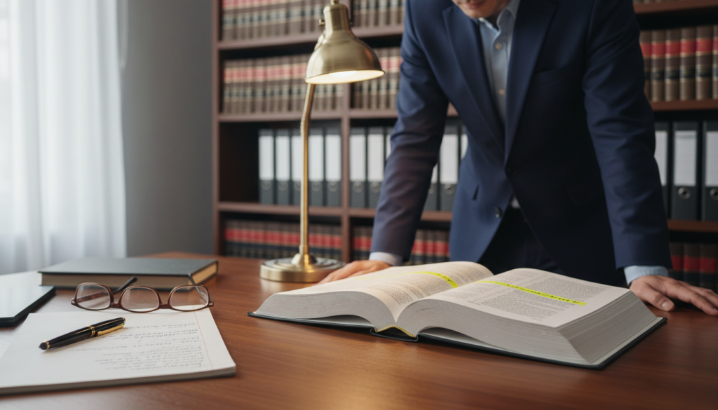 A well-organized workspace featuring an open legal book displaying a regulation decision article, highlighted with a yellow marker, sits on a polished wooden desk. In the foreground, a pair of reading glasses and a pen are positioned beside a notepad filled with neatly written notes. The middle ground showcases a well-lit desk lamp casting a warm glow, emphasizing the textbook-like pages. In the background, a professional compliance officer, dressed in smart business attire, leans slightly forward, intently studying the text, with shelves of law books and legal documents neatly arranged behind them. The overall atmosphere conveys focus and professionalism, with soft, natural light filtering through a nearby window, creating a calm and productive mood.