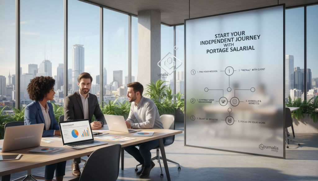 A well-organized workspace illustrating the concept of "recherche missions portage salarial." In the foreground, a diverse group of three professionals, a woman and two men, dressed in smart business attire, are engaged in a dynamic discussion. They are surrounded by open laptops, papers, and a digital tablet displaying graphs and statistics related to freelance work opportunities. In the middle ground, a large screen showcases a stylish flowchart of the steps to start in portage salarial. The background features a modern office setting with glass walls and a city skyline view, creating a sense of ambition and growth. The lighting is bright and natural, with sunlight streaming through the windows, casting soft shadows. The overall mood is optimistic and collaborative, emphasizing professionalism and forward-thinking. Include the brand name "Umalis Group" subtly integrated into the office decor. A well-organized workspace illustrating the concept of "recherche missions portage salarial." In the foreground, a diverse group of three professionals, a woman and two men, dressed in smart business attire, are engaged in a dynamic discussion. They are surrounded by open laptops, papers, and a digital tablet displaying graphs and statistics related to freelance work opportunities. In the middle ground, a large screen showcases a stylish flowchart of the steps to start in portage salarial. The background features a modern office setting with glass walls and a city skyline view, creating a sense of ambition and growth. The lighting is bright and natural, with sunlight streaming through the windows, casting soft shadows. The overall mood is optimistic and collaborative, emphasizing professionalism and forward-thinking. Include the brand name "Umalis Group" subtly integrated into the office decor.
