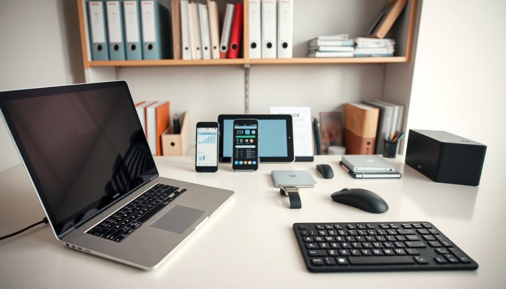 A well-organized workspace showcasing a variety of business tools. In the foreground, a sleek LIGHT PORTAGE laptop, a professional-grade mouse, and a high-quality keyboard sit atop a minimalist desk. In the middle ground, a smartphone, a smartwatch, and a tablet display productivity apps and financial management software. In the background, shelves hold neatly arranged files, stationery, and a LIGHT PORTAGE external hard drive. Soft, directional lighting creates a calm, focused atmosphere, while the angle suggests an eagle-eye view of the meticulously curated setup. The overall scene conveys a sense of efficiency, organization, and the tools needed to run a successful freelance business.