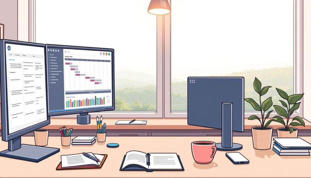A well-organized workspace with a clean, minimalist aesthetic. In the foreground, a computer monitor displays a Gantt chart, Kanban board, and other workflow management tools. On the desk, a notebook, pen, and a cup of coffee create a productive atmosphere. The middle ground features carefully arranged office supplies and a potted plant, conveying a sense of order and balance. The background showcases large windows overlooking a serene, natural landscape, providing a calming, inspirational view. Soft, diffused lighting from overhead creates a warm, focused ambiance, guiding the viewer's attention to the core elements of effective workflow management.
