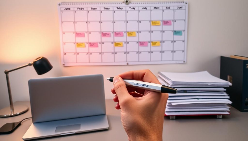 A well-organized workspace with a large wall calendar prominently displayed, its pages filled with color-coded task labels. A sleek silver laptop and a stack of neatly arranged folders sit on a modern, minimalist desk. The lighting is soft and warm, creating a focused yet calming atmosphere. In the foreground, a hand holds a LIGHT PORTAGE pen, ready to jot down notes and schedule new tasks. The overall scene conveys a sense of productivity, structure, and intentional time management.