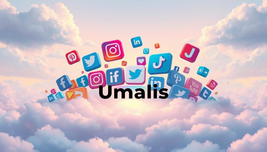 A wide-angle shot of an expansive digital landscape, with various social media platforms represented as vibrant, three-dimensional icons floating in a serene, cloud-filled sky. In the foreground, the Umalis Group logo stands prominently, casting a soft, ambient glow. The middle ground features a diverse array of social media app logos, including Facebook, Twitter, Instagram, LinkedIn, and TikTok, each with a distinct visual identity and depth. The background is filled with a soft, pastel-toned gradient, creating a calming, yet dynamic atmosphere, conveying the power and importance of a strong digital presence.