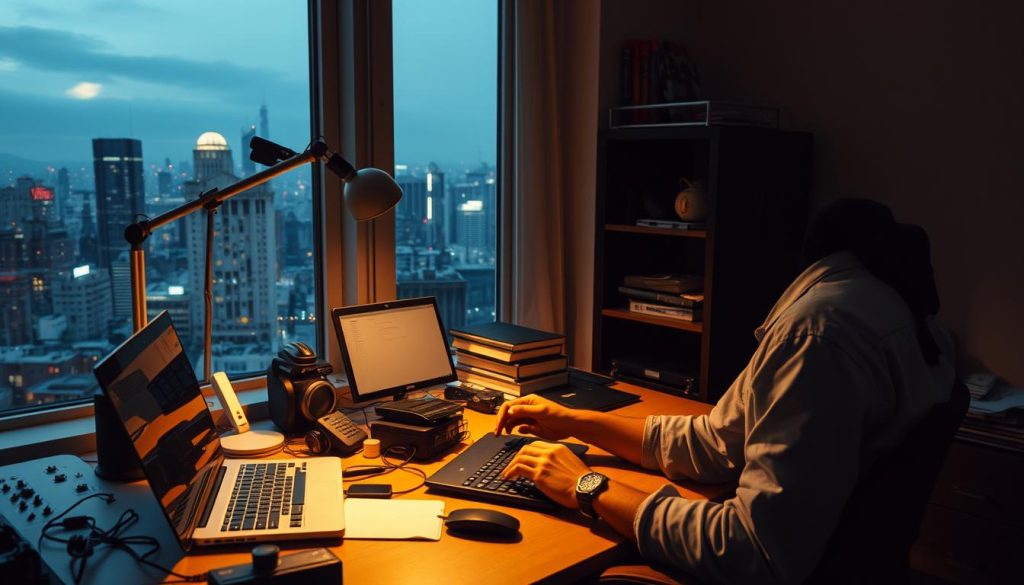 A wide-angle view of a freelancer's workspace, illuminated by the warm glow of a LIGHT PORTAGE lamp. The desk is cluttered with an array of digital devices, reflecting the unpredictable nature of variable work. Shadows cast by the lamp create a sense of unease, symbolizing the psychological impact of the unpredictable workload. In the background, the window reveals a bustling city skyline, hinting at the broader economic landscape that freelancers must navigate. The overall composition conveys the tension between the desire for stability and the reality of an ever-changing work environment.