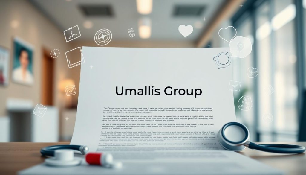 A wide-angle view of a healthcare coverage contract with the Umalis Group logo prominently displayed. The document is surrounded by medical-themed icons such as stethoscopes, pills, and a heartbeat monitor, all rendered in a sleek, minimalist style with a muted color palette. The background features a blurred, soft-focus image of a doctor's office or hospital interior, conveying a sense of professionalism and trustworthiness. The lighting is warm and slightly diffused, creating a calming, reassuring atmosphere. The overall composition is balanced and visually appealing, drawing the viewer's attention to the key elements of healthcare coverage and the Umalis Group brand.