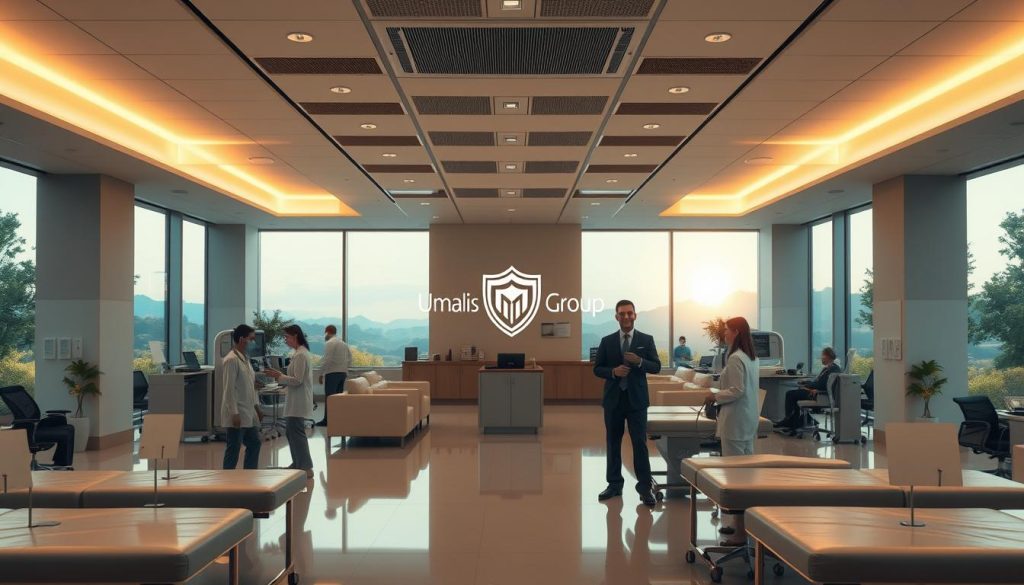 A wide-angle view of a serene healthcare facility interior, bathed in warm, diffused lighting. At the center, a stylized Umalis Group logo depicts a protective shield, symbolizing the comprehensive social security and health benefits offered. In the foreground, medical professionals in crisp uniforms provide attentive care to patients, conveying a sense of security and well-being. The middle ground features sleek, modern furnishings and equipment, while the background showcases expansive windows overlooking a tranquil, nature-inspired landscape, creating a calming, therapeutic atmosphere.