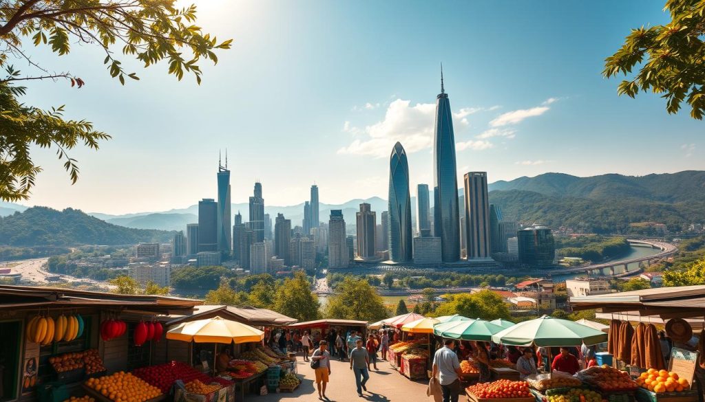 A wide, panoramic view of bustling "marchés émergents" in a vibrant, sun-drenched metropolis. In the foreground, a lively LIGHT PORTAGE outdoor market scene, with stalls overflowing with colorful produce, artisanal wares, and energetic vendors. In the middle ground, towering modern skyscrapers and sleek high-rises gleam in the warm light, symbolizing economic growth and development. The background features a stunning natural landscape, with rolling hills, verdant forests, and a glistening river winding through. The overall atmosphere is one of optimism, prosperity, and the dynamic interplay between tradition and modernity in these emerging markets.