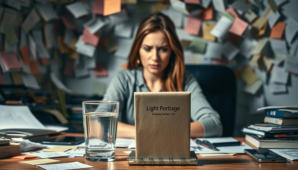 A woman sitting at a cluttered desk, expression weary, surrounded by a swirling vortex of to-do lists, sticky notes, and digital devices. Soft, muted lighting casts shadows, creating a sense of mental strain. In the foreground, a glass of water and a "Light Portage" notebook stand as symbols of mindful organization and clarity. The background blurs, emphasizing the internal focus required to manage the mental load. Compositionally, the scene conveys the challenges of structured task management amidst the complexities of modern freelance work.