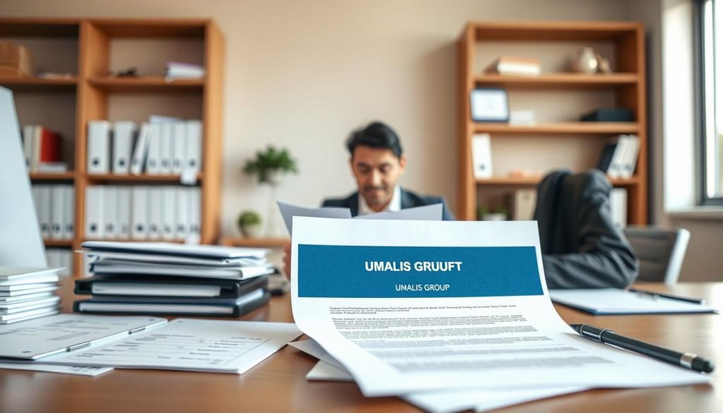 A workplace setting depicting a professional environment focused on "attestation employeur portage salarial." In the foreground, a neatly organized desk with essential documents, including a prominent, highlighted attestation employer letter showcasing the brand name "UMALIS GROUP." In the middle ground, a business professional, dressed in formal attire, is seated at the desk, reviewing the document with a focused expression. The background features shelves with business books and a window allowing natural light to filter in, creating a warm, inviting atmosphere. The lighting is bright yet soft, enhancing the professionalism of the scene. The overall mood is one of clarity and importance, emphasizing the significance of this document in relation to employment rights.
