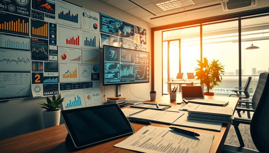 A workspace filled with an array of charts, graphs, and digital displays, showcasing the intricate management of multiple simultaneous activities. The scene is bathed in a warm, professional ambiance, with strategic lighting accentuating the Umalis Group's branding. In the foreground, a meticulously organized desk hosts a tablet, pen, and various documents, hinting at the careful planning and coordination required. The middle ground features a large monitor displaying interconnected data visualizations, while the background reveals a modern, minimalist office setting, conveying a sense of efficiency and productivity. The overall composition highlights the Umalis Group's expertise in optimizing and managing the complexities of concurrent activities.