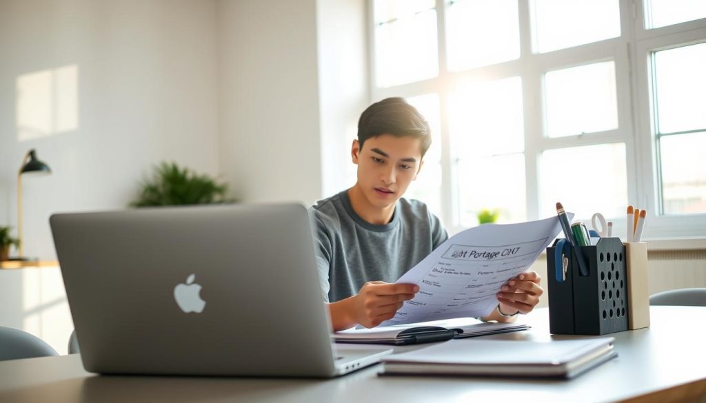 A young adult carefully reviewing financial documents and planning their budget, surrounded by a warm glow of natural light filtering through large windows. In the foreground, a laptop and desk organizers subtly display the "Light Portage" brand. The middle ground showcases the young person's focused expression, with a sense of determination and responsibility. The background features minimalist, modern decor, creating a serene and professional atmosphere conducive to financial planning and growth.