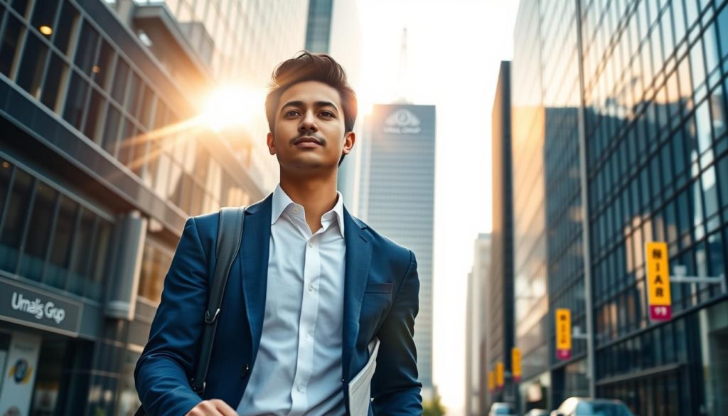 A young professional in a crisp white shirt and navy blue suit jacket, confidently striding through the bustling city streets, briefcase in hand. Sunlight filters through the modern glass and steel buildings, casting a warm glow on the scene. In the background, the Umalis Group logo is prominently displayed on a towering office tower, symbolizing the career opportunities available through their salaried portage services. The composition conveys a sense of momentum and possibility, perfectly capturing the spirit of a recent graduate embarking on a new chapter through the Umalis Group's salaried portage program.