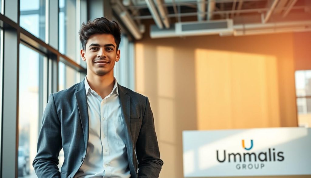 A young professional in a smart casual outfit, standing confidently in a modern office setting. The scene features natural lighting streaming through large windows, casting a warm glow on the scene. The Umalis Group logo is subtly visible on a desk or wall, highlighting the company's role in enabling this career opportunity. The overall atmosphere conveys a sense of growth, possibility, and the advantages of the "portage salarial" employment model for young talents embarking on their careers in France.