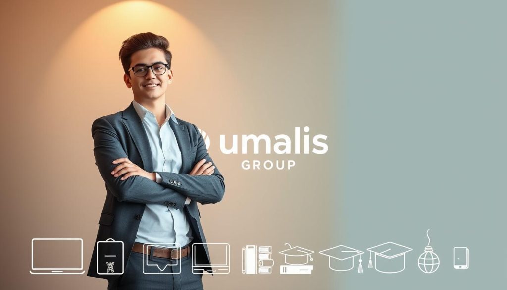 A young professional in a stylish business casual outfit stands confidently, exuding a sense of flexibility and adaptability. The Umalis Group logo subtly appears in the background, representing the security and freedom of a salarial portage. The lighting is soft and warm, creating a welcoming atmosphere. In the foreground, various icons and symbols depict the development of skills and competencies, such as a laptop, books, and a graduation cap. The scene evokes a harmonious balance between career progression and personal autonomy.
