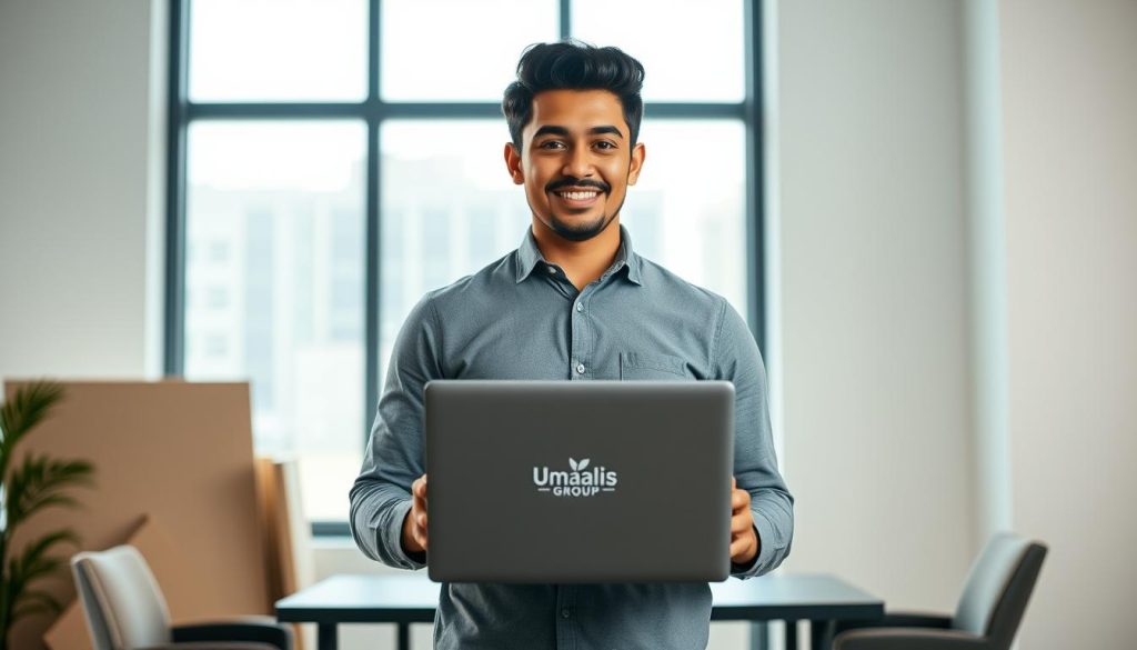 A young professional standing confidently in a modern office setting, their laptop open and a warm, focused expression on their face. The Umalis Group logo is subtly displayed on the laptop's lid. The background features clean, minimalist decor with geometric shapes and muted colors, creating a sense of autonomy and control. Soft, directional lighting from a large window casts an aura of professionalism and independence. The scene conveys the freedom and flexibility of salaried employment without the administrative burdens, capturing the essence of "autonomie portage salarial".