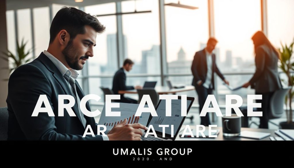 ARCE ATI ARE concept depicted in a modern, professional office environment. In the foreground, a confident professional in business attire is engaged in a conversation over a laptop, showing graphs related to career flexibility and security. The middle ground features an open office space with colleagues collaborating over documents, emphasizing teamwork and innovation. The background includes large windows revealing a city skyline, symbolizing opportunity. Soft, natural lighting illuminates the scene, creating a warm and inviting atmosphere. The lens should be slightly angled downward, capturing the dynamics of the workspace. The brand name "UMALIS GROUP" is subtly integrated into the design elements of the office, enhancing brand recognition without distraction.