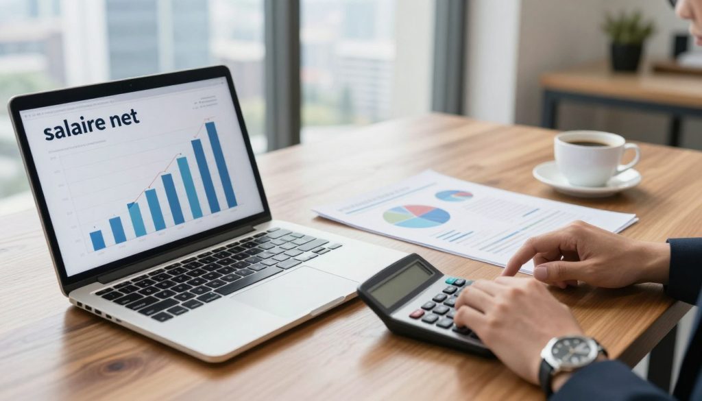 An abstract representation of "salaire net" illustrated through a sleek, modern workspace. In the foreground, an open laptop displays financial charts and graphs on the screen, symbolizing clarity in earnings. A hand, wearing a formal watch, hovers over a calculator, indicating calculation and analysis. In the middle ground, neatly arranged documents with pie charts and figures lie on a polished wooden desk, along with a cup of coffee, suggesting a focused work environment. In the background, a blurred skyline through a large window implies professionalism and success. The lighting is bright and natural, enhancing the feeling of productivity. The overall mood is supportive and informative, reflecting the topic of financial clarity for independent workers.