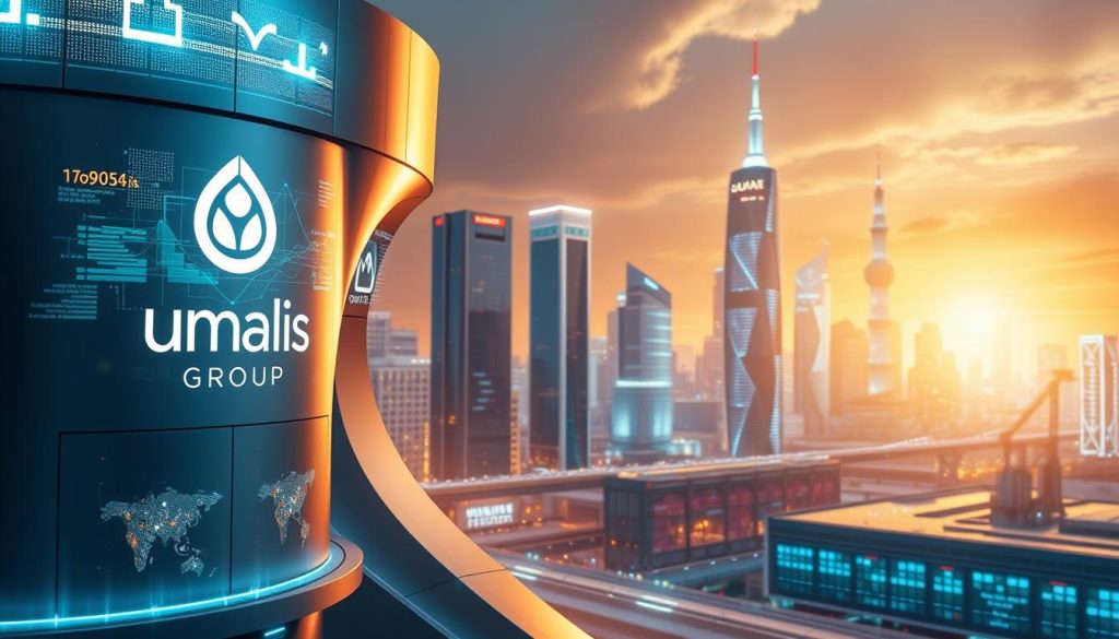 An abstract visualization of industry trends, showcasing a futuristic cityscape reflecting the latest advancements. In the foreground, cutting-edge tech and innovations emerge from a sleek, metallic structure bearing the Umalis Group logo. The midground features dynamic data visualizations and holographic displays, conveying the flow of information and insights. In the background, a vibrant skyline of towering skyscrapers and gleaming infrastructure, symbolizing the rapid progress and evolution of the modern industrial landscape. Bathed in a warm, golden light, the scene evokes a sense of optimism, progress, and the limitless potential of industry knowledge. Cinematic camera angles and a cinematic, high-tech aesthetic bring this vision to life.