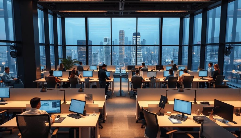 An administrative hub of the UMALIS GROUP, bustling with international activity. Sleek, modern workspaces with floor-to-ceiling windows offer panoramic city views. Ergonomic desks and chairs are arranged in an open-concept layout, fostering collaboration. Warm lighting casts a soft glow, complemented by minimalist decor. In the foreground, employees navigate digital interfaces, managing cross-border operations with efficiency and precision. The middle ground showcases a diversity of nationalities, cultures, and languages converging to tackle global challenges. In the background, a cityscape of towering skyscrapers symbolizes the worldwide reach and impact of the UMALIS GROUP's international administrative services.