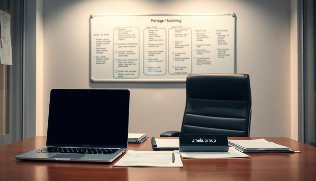 An administrative office scene showcasing the Umalis Group's professional portage salarial services. A well-organized desk with a laptop, paperwork, and a nameplate reading "Umalis Group". Soft, warm lighting illuminates the space, creating a calming, business-like atmosphere. In the background, a wall-mounted whiteboard displays process diagrams and checklists, reflecting the efficient administrative management of the portage salarial model. The overall composition conveys a sense of competence, security, and attention to detail - crucial elements for managing the financial well-being of clients.