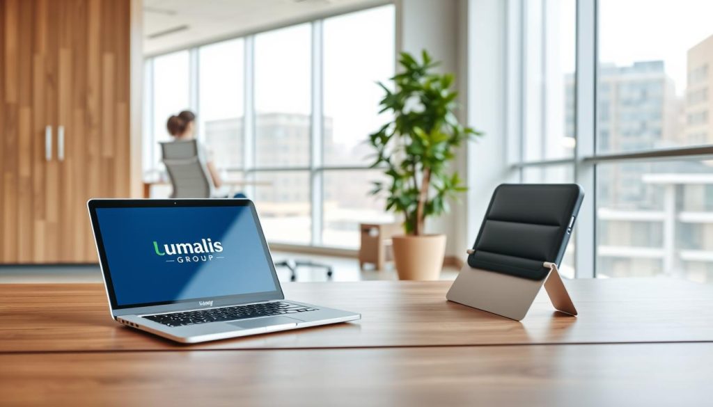 An administrative office setting with a clean, minimalist aesthetic. In the foreground, a Umalis Group branded laptop and tablet are placed neatly on a sleek, wood-paneled desk. The middle ground features a modern swivel chair and a potted plant, creating a professional yet relaxed atmosphere. The background showcases floor-to-ceiling windows, allowing ample natural light to flood the space and highlighting the efficiency and organization of the administrative processes. The overall scene conveys a sense of productivity, innovation, and the advantages of the Umalis Group's salarial portage services for businesses.