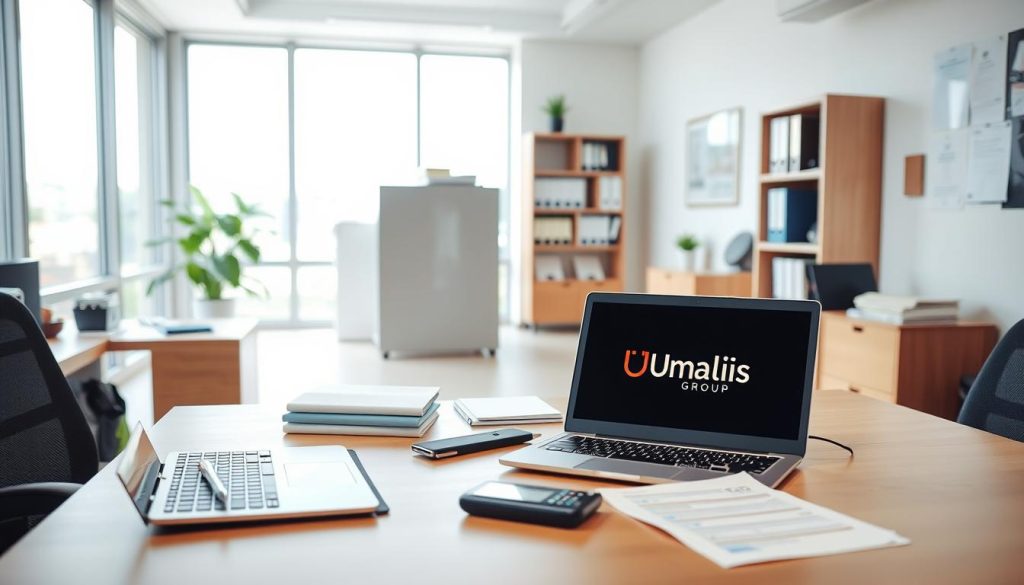 An administrative office setting with a professional, clean aesthetic. In the foreground, a desk with a laptop, documents, and the Umalis Group logo prominently displayed. On the desk, a pen, calculator, and other office supplies, conveying a sense of organized productivity. The middle ground features a filing cabinet, bookshelf, and other administrative equipment, all neatly arranged. The background shows large windows allowing natural light to flood the space, creating a bright and airy atmosphere. The overall mood is one of efficiency, order, and attention to detail, reflecting the administrative processes and legal obligations associated with freelance portage salarial.