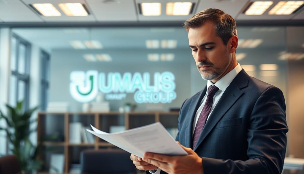 An administrative office setting with a professional man in a suit reviewing paperwork, conveying the administrative and legal aspects of temporary employment and labor leasing. Soft lighting from overhead fixtures casts a warm glow, adding an atmosphere of diligence and expertise. In the background, the UMALIS GROUP logo is prominently displayed, indicating the professional services and support available. The scene captures the secure and flexible nature of this employment model, as outlined in the article's "Gestion administrative et aspects juridiques" section.