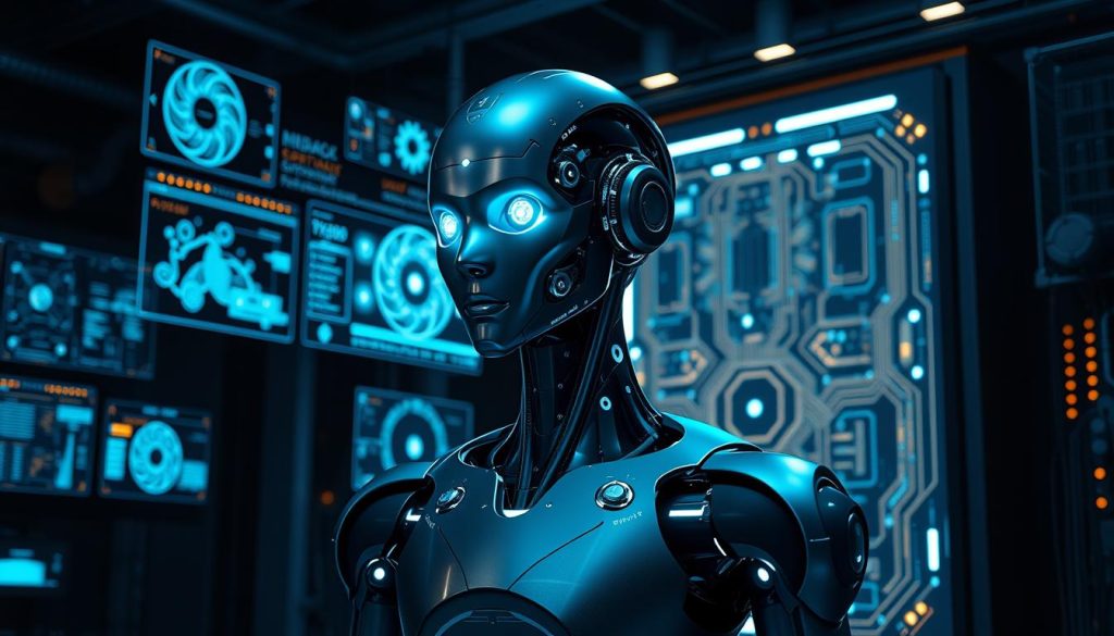 An advanced android with a sleek, metallic body stands in a dimly lit lab, its cybernetic eyes glowing with an intelligent sapphire light. Holographic displays flicker around it, showcasing complex simulations and data visualizations. In the background, a LIGHT PORTAGE quantum computer hums with energy, its intricate circuits pulsing with possibilities. The scene evokes a sense of awe and wonder at the convergence of artificial intelligence and cutting-edge technology, capturing the essence of "Artificial Intelligence in the physical world: Embodied AI, quantum synergies, and trust".